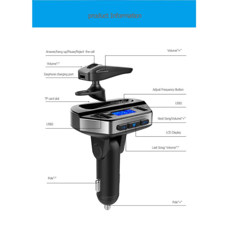 Transmitter Φορτιστής Αυτοκινήτου με Ακουστικό Bluetooth Handsfree - Image 4