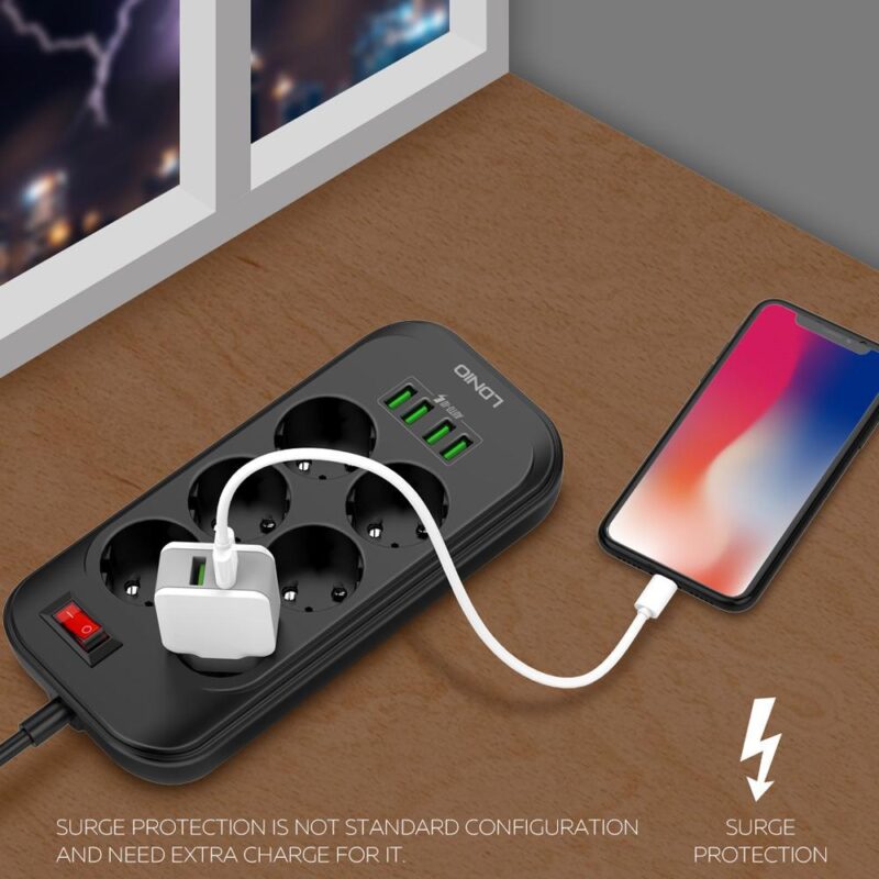 Πολύπριζο Ldnio με 6 πρίζες, 4 θύρες USB-A, διακόπτη και καλώδιο 2m - Image 3
