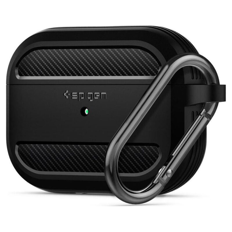 Θήκη Spigen Rugged Armor σιλικόνης με μπρελόκ μαύρη για Apple AirPods Pro 2 και Apple AirPods 4